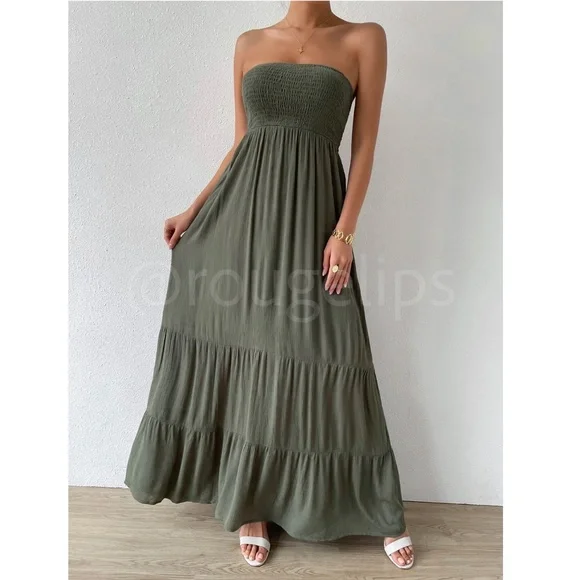 Strapless Maxi Dress Long Army Green Shirred Top Flared - Picture 3 of 8